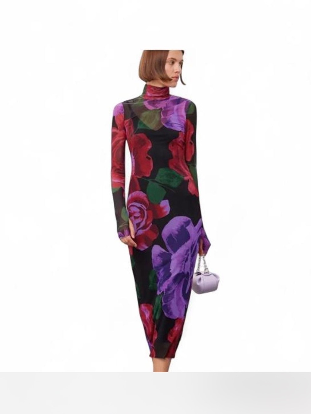 AFRM SHAILENE TURTLENECK FLORAL MESH LONG SLEEVE BODYCON MIDI DRESS SIZE SMALL